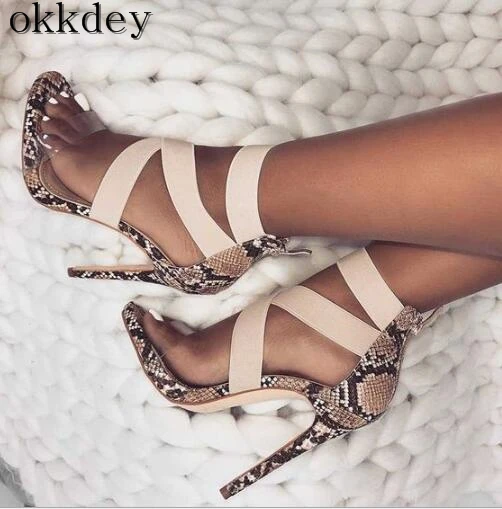 

Woman sandals New hot-selling fashion snake print elastic tight word with high-heeled plus size sexy female sandals a133