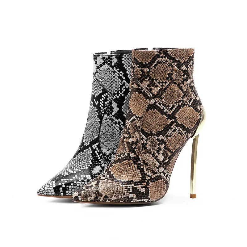 KATELVADI Winter Ankle Boots Women PU Leather Brown Snake Pattern 12.5CM High Heels Sexy Party Short Boots Pointed Toe K-561