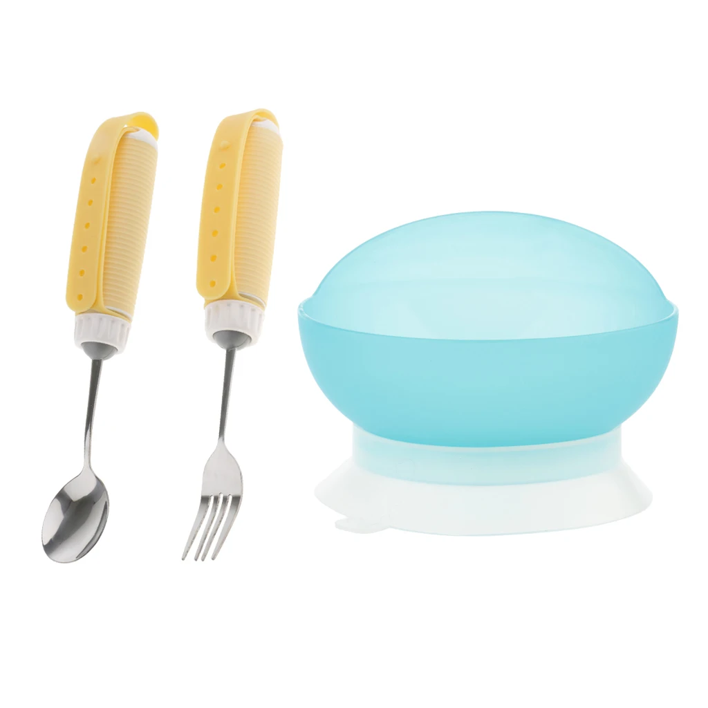 3pcs Silicone Gel Stainless Steel Anti Slip Strap Arthritis Assist Parkinson's Elderly Utensil Eating Aids Spoon Fork Bowl Kit