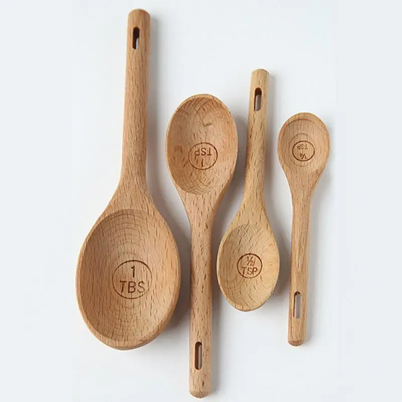 

4Pcs measuring spoons Eco-Friendly Kitchen Coffee Baking Measuring Spoons Set Tools Utensil Salt Wood Beech #734