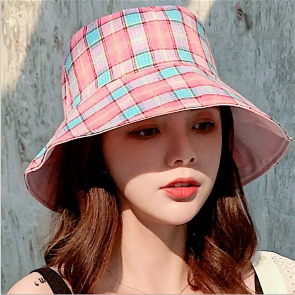 

Korean Double-sided Wearing Ladies Plaid Fisherman Hat Summer Outdoor Travel UV Protection Round Top Sunscreen Cap