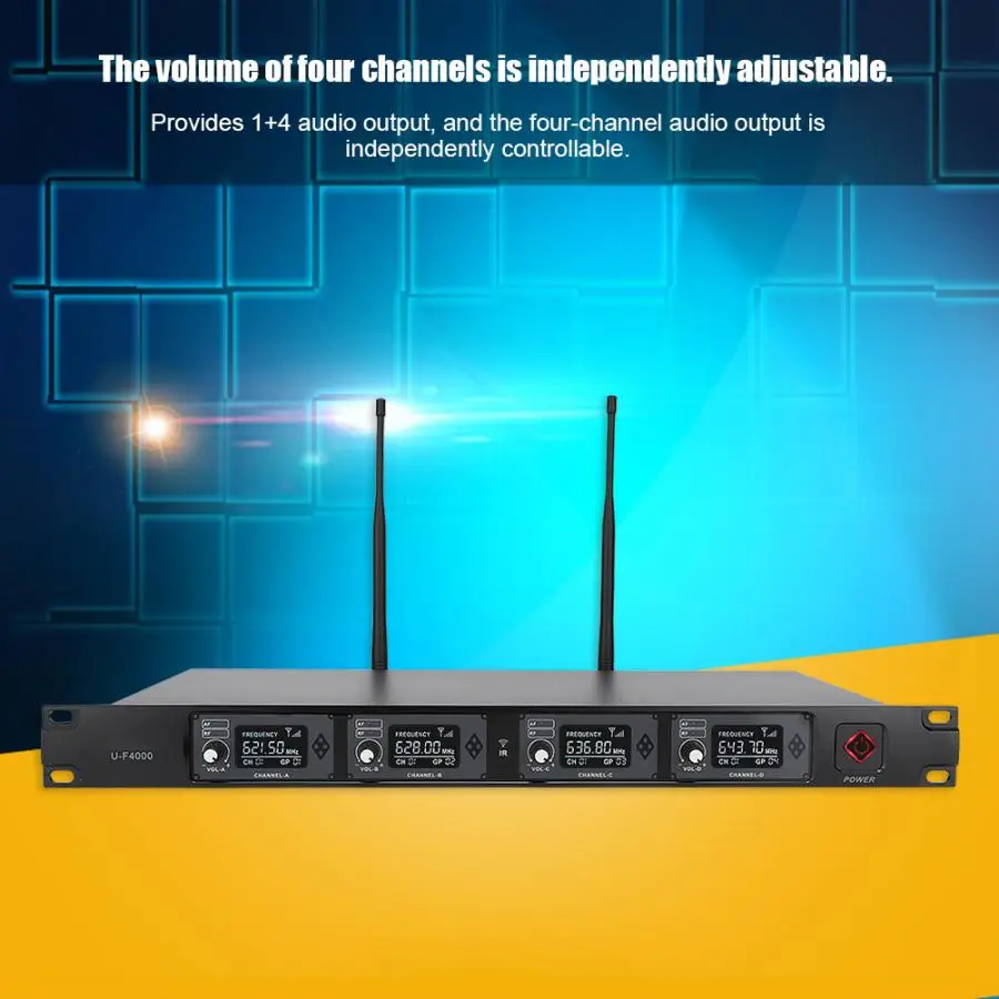 UHF 615,9~ 664,2 МГц одночастотный 1 до 4 беспроводной микрофон с лацканами 100-240 В 1 передатчик 4 приема микрофона