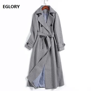 

High Quality New 2019 Autumn Winter Long Wool Coat Women Turn-down Collar Double Breasted Adjustable Belt Classic Wool Overcoats