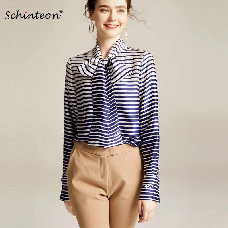 2020 Schinteon Spring Women 100% Real Silk Blouse Gradient Color Striped Long Sleeve Bow Collar Office Lady Elegant Shirt | Женская