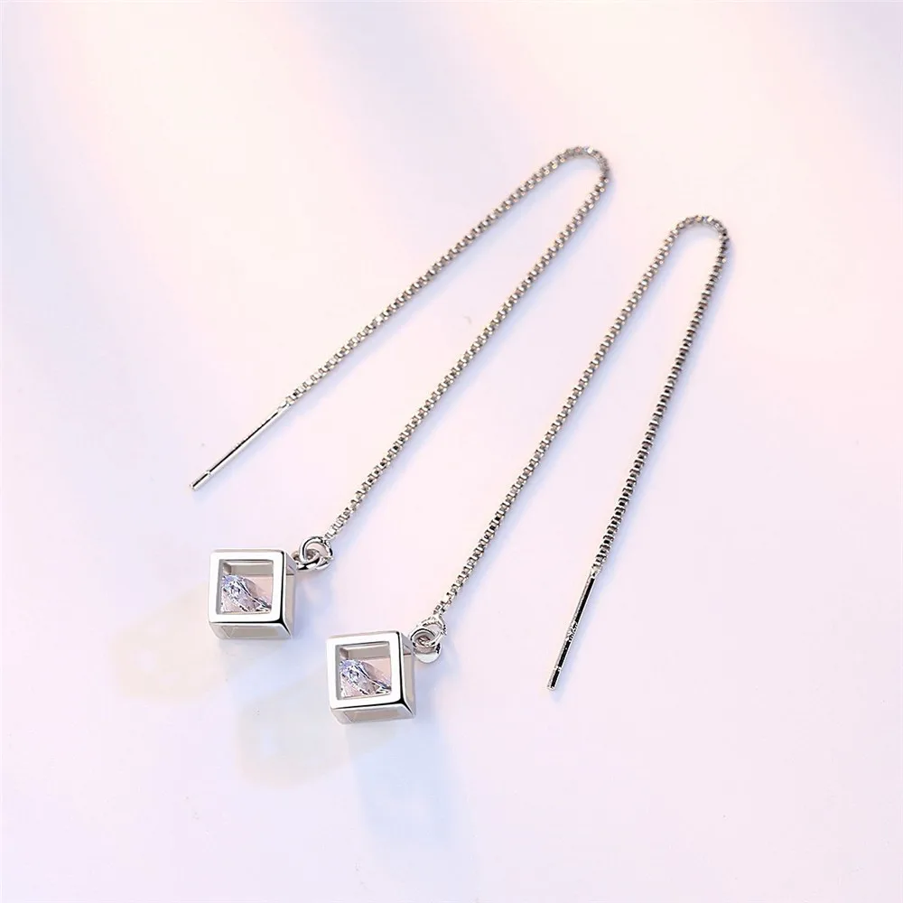 SHDEDE Long Chain Earing Jewellery Women 925 Silver Fashion Drop Earrings Embellished With Crystals From Swarovski Square -WH40