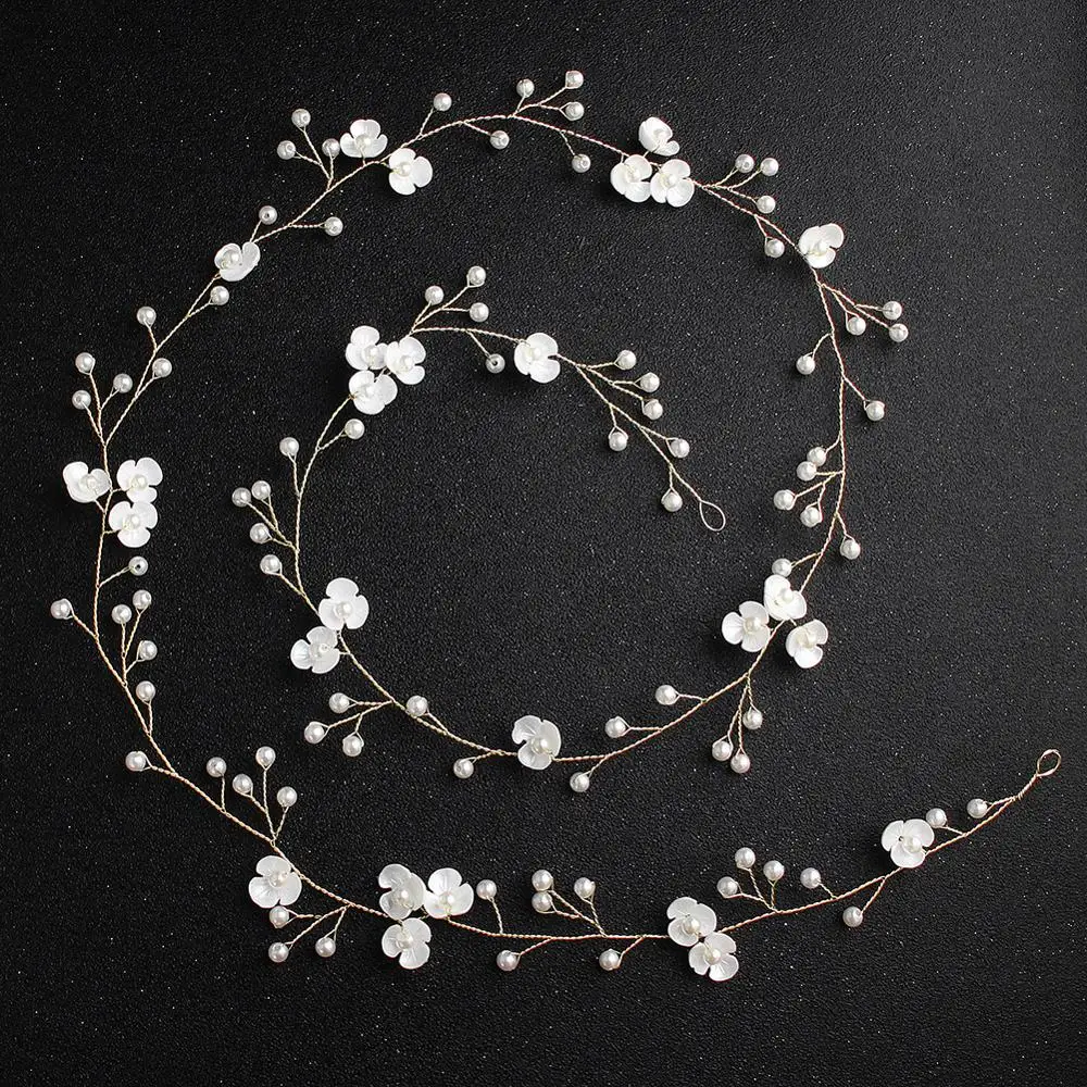 Light Golden Flower Pearl Headband Bride Hair Accessories 100 cm Long Wedding Headband Women's Accessories Flower Hair Jewelry