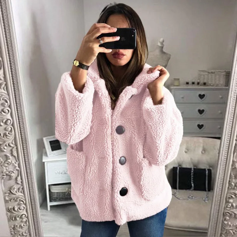 Women's Plush Coat Autumn Winter Women Button Jacket Casual Warm Turndown Collar Fur Outwear Mid-Length Woolen Jackets
