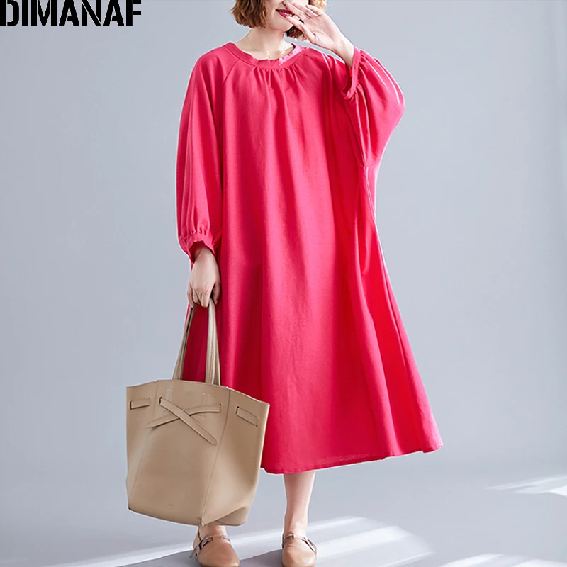 

DIMANAF Oversize Women Dress Cotton Linen Solid Lady Vestidos Casual Pleated Long Sleeve Plus Size Female Clothes Spring Summer
