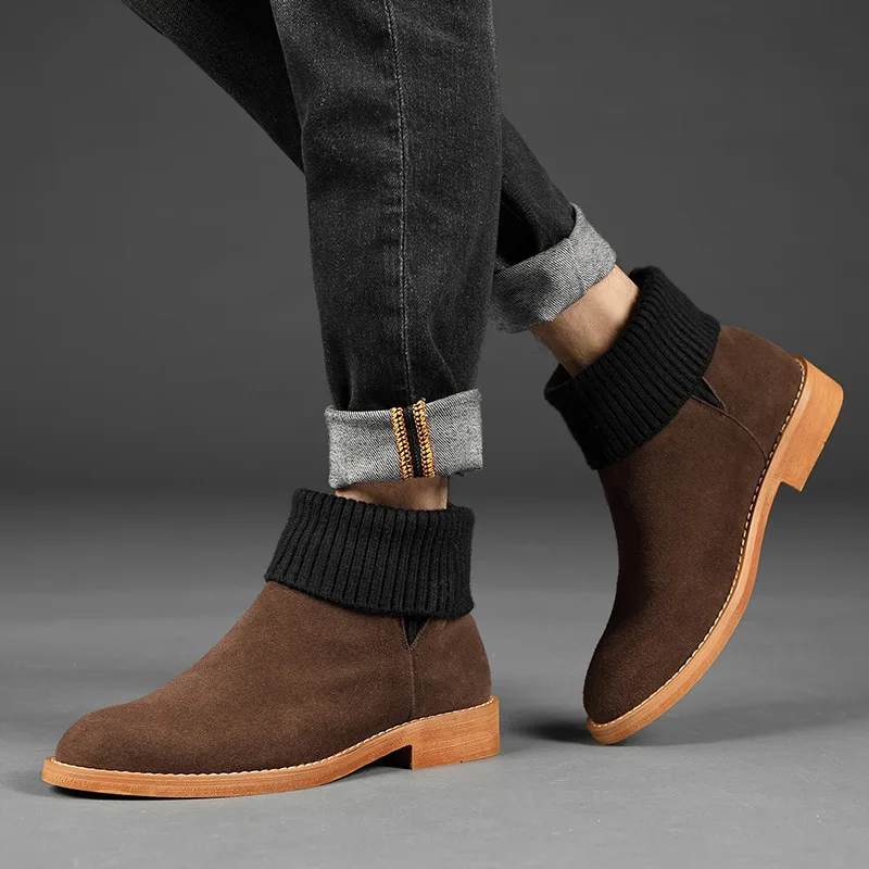 

Nubuck Leather Chelsea Ankle Boots For Men Height Increasing Flats Sock Botas Spring Autumn Male Casual Shoes