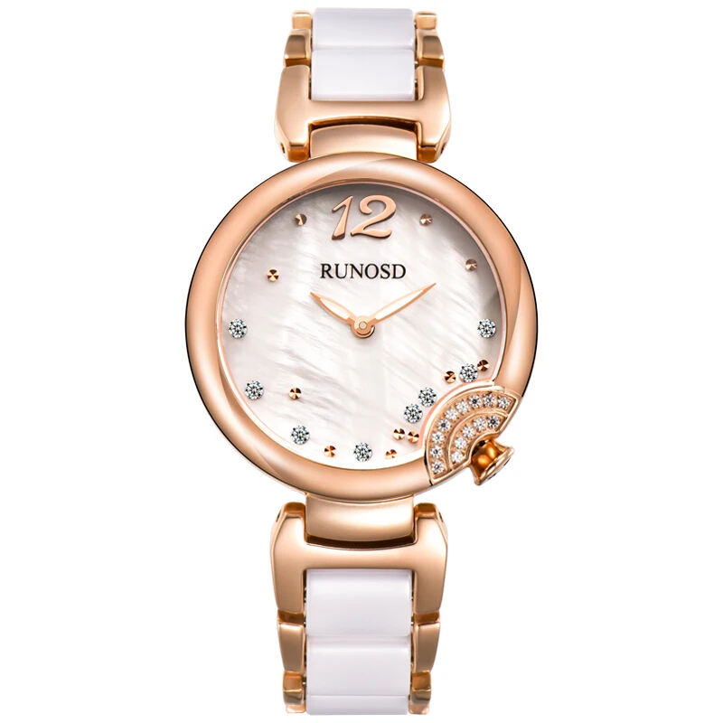 

RUNOSD Ladies Watch Luxury Rose Gold Zircon Shell Dial Miyota Quartz Movement Sapphire Crystal Ceramic Stainless Steel 5203L
