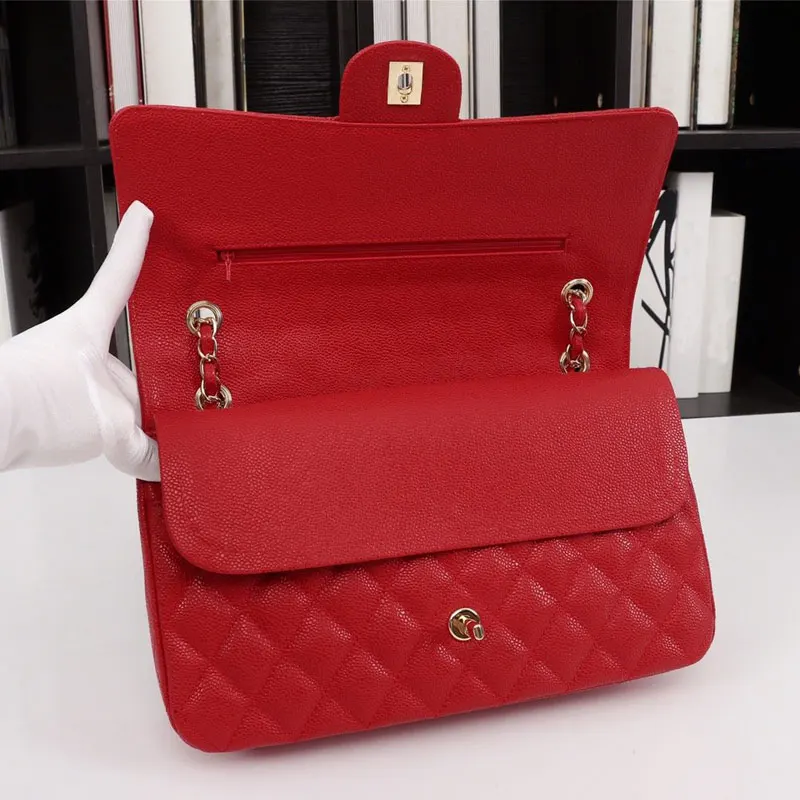 Роскошные сумки на плечо из натуральной кожи для женщин топ дизайнерская сумка Caviar Кошелек Дамская сумка через плечо стеганая квадратная сумка бренд - Цвет: Red gold chain