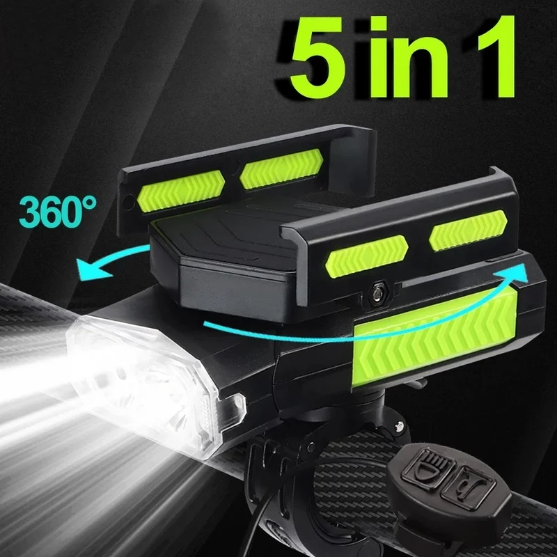 

Led Bicycle Light Front Headlight 5 In 1 Usb Rechargeable Horn Phone Holder Bicycle Lamp Flashlight Bike Light Cycling Lantern