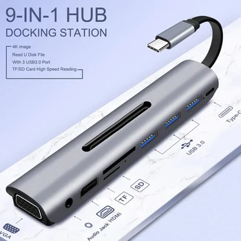 

USB C Hub 9in1 SD TF Card Reader 3*USB3.0 Audio VGA Port 4k HDMI Docking Station Brand New And High Quality