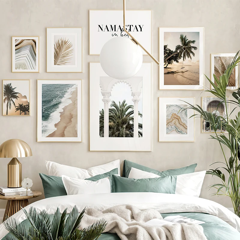 Boho Nature Beach Palm Arch Wall Art Canvas Paintings Golden Temple Poster Print Agate Picture BedRoom Interior Decoration | Дом и сад