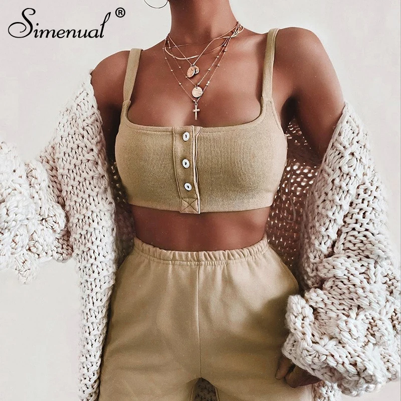 

Simenual Casual Sporty Women Matching Set Fashion 2019 Solid Button Two Piece Outfits Sleeveless Tank Top And Sweatpants Sets