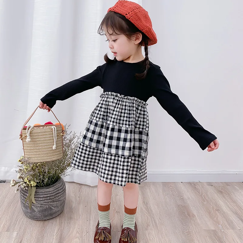 Новое Осеннее цельнокроеное клетчатое платье для девочек милое платье с длинными рукавами