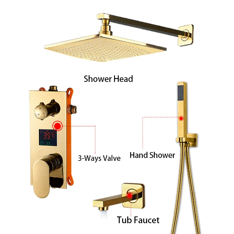 Потолочный дождевой 1" Золотой смеситель для душа Однорычажный температурный цифровой дисплей скрытый смеситель для душа кран