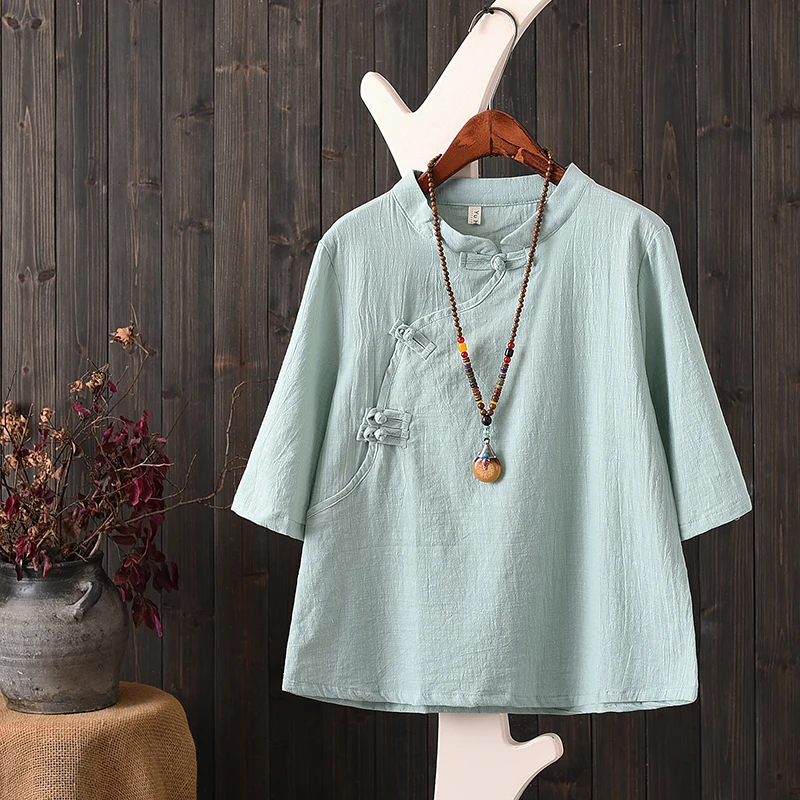 

Vintage Literary Cotton and linen T-shirt Chinese Style Women Solid Color Stand Collar Buckle Three Quarter T-shirt Tops