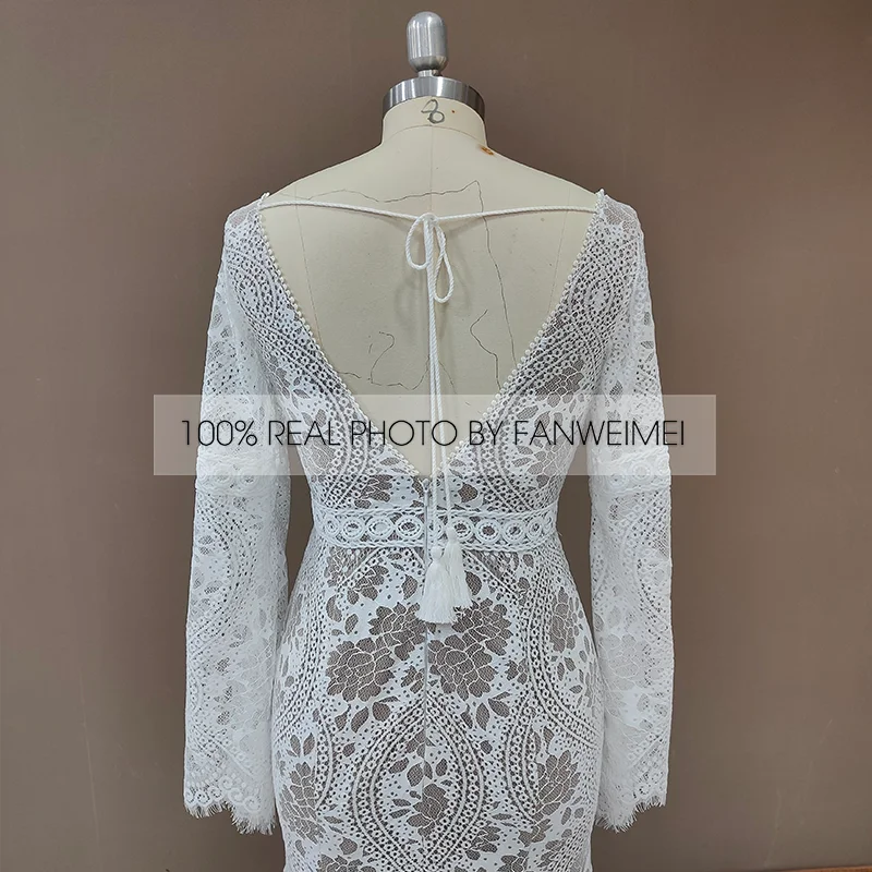 803#2021 New Design Long Lantern Sleeve Empire V-Neck Backless Small Train Beauty Backless Lace Boho Beach Wedding Dresses Women modest wedding dresses