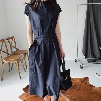 

Women Short Sleeve Cotton Dress Turn-down Collar Sashes Solid Color Spring Summer Lady Dress with Buttons