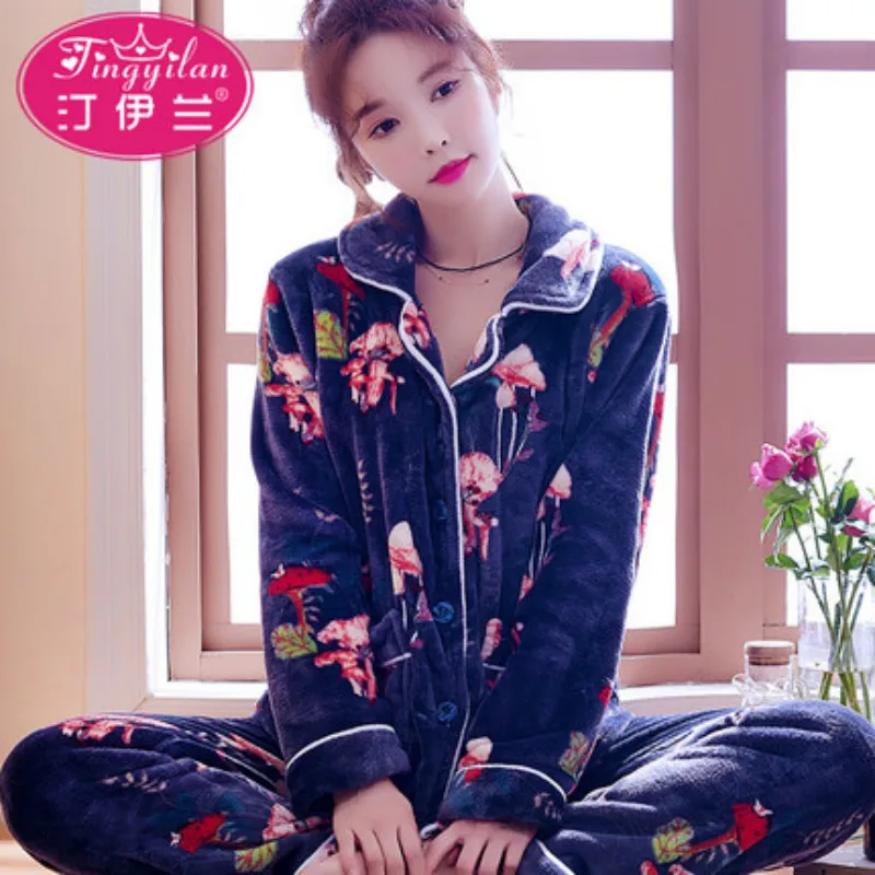 пижама женский зимний рукав длинный фланель коралл бархатный увеличить размер