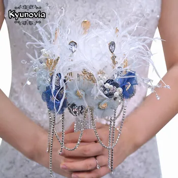 

Kyunovia Luxury Silver Zirconia Crown Bridal Bouquet Zircon Crystal Jewellery Queen Crown Ring Feather Wedding bouquet BY46
