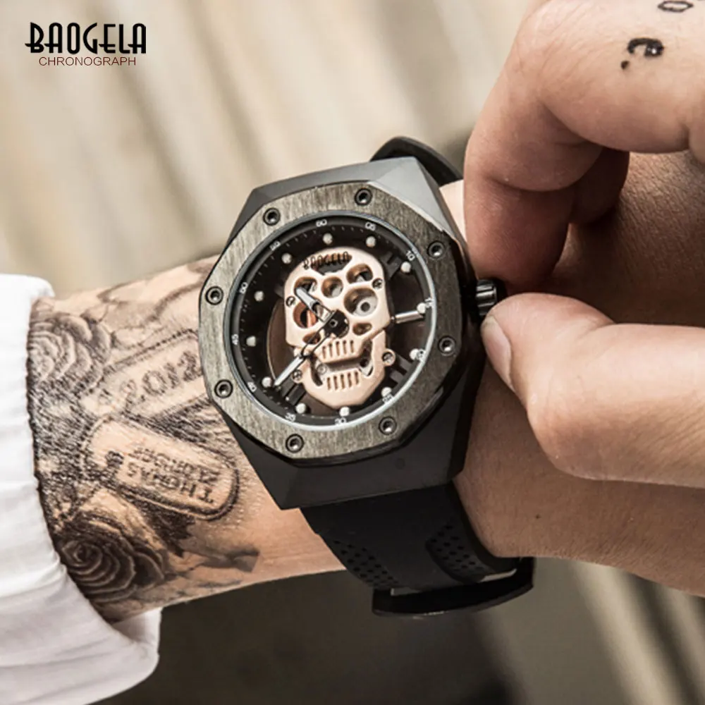 BAOGELA Men's Skull Quartz Watches Luxury Military Sports Wristwatch Male Silicone Skeleton Watch Male Relogios Masculino 1902
