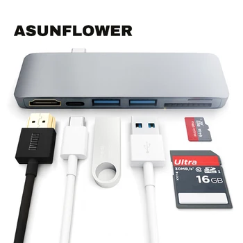 

USB C HUB 6 IN 1 Dock Type C To HDMI 4K Adapter With TF SD Card Solt PD Charge Port High Speed USB 3.0 Splitter for MacBook Pro
