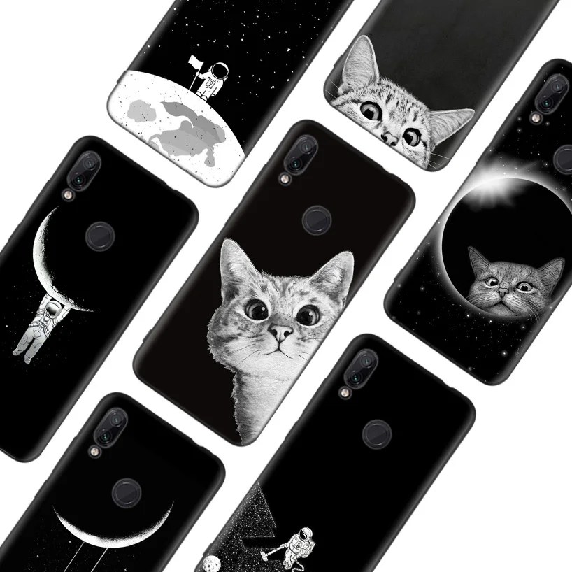 Космос Луна с симпатичными кошками, черная крышка чехол для телефона для Xiaomi Redmi Note фотоаппаратов моментальной печати 8 7 7S 7A 6 S2 GO K20 Pro 6A mi 6X 5X A1 CC 9 8 Coque