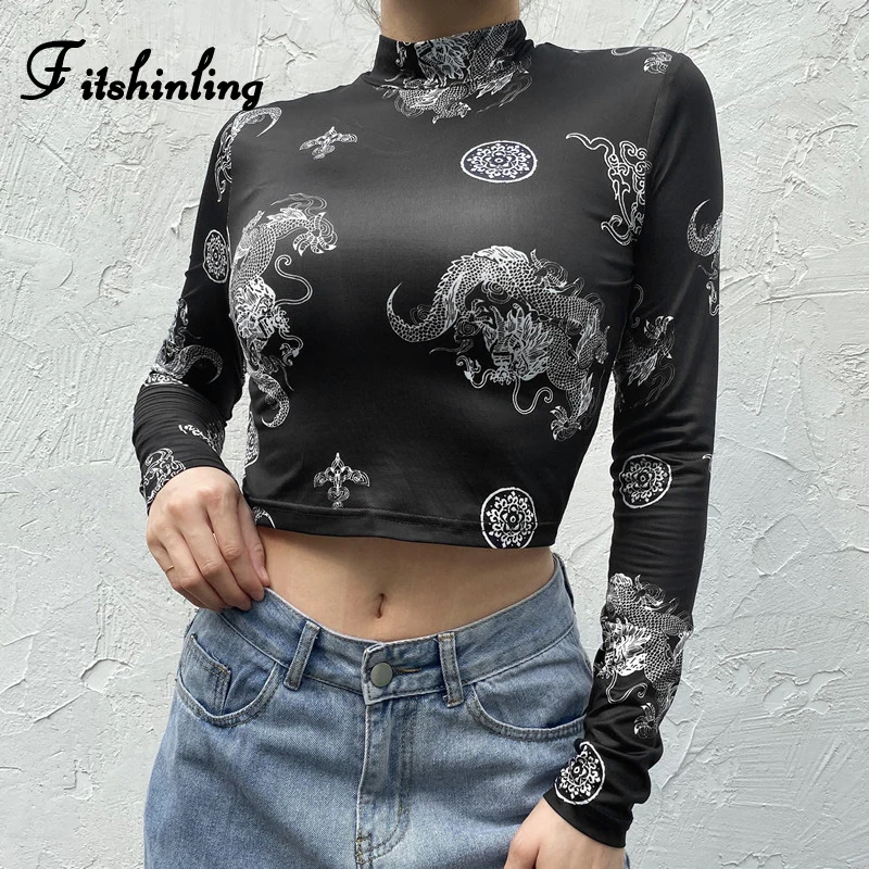 

Fitshinling Chinese Dragon Print T Shirt Women Clothing Gothic Long Sleeve Black Turtleneck Female T-Shirt Crop Top Grunge Shirt