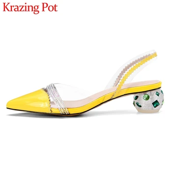 

Krazing pot plus size cow leather plastic pointed toe strange med heel rhinestone Korean street style gentlewomen sandals L71