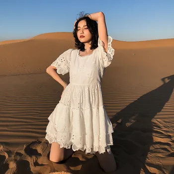 

French folk's Fairy retro white summer harvest waist shows thin Platycodon dress seaside holiday beach f540