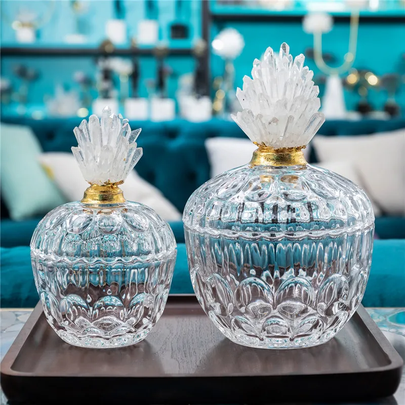 

Natural White Crystal Column Cluster Gold-plated Glass Candy Jar Decoration Luxury Crystal Storage Jar Candle Bottle Craft Gift