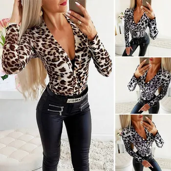 

Women Sexy Leopard Print Jumpsuits V Collar Long Sleeve Strap Loose Playsuit Jumpsuit Fashion Slim Bodysuit