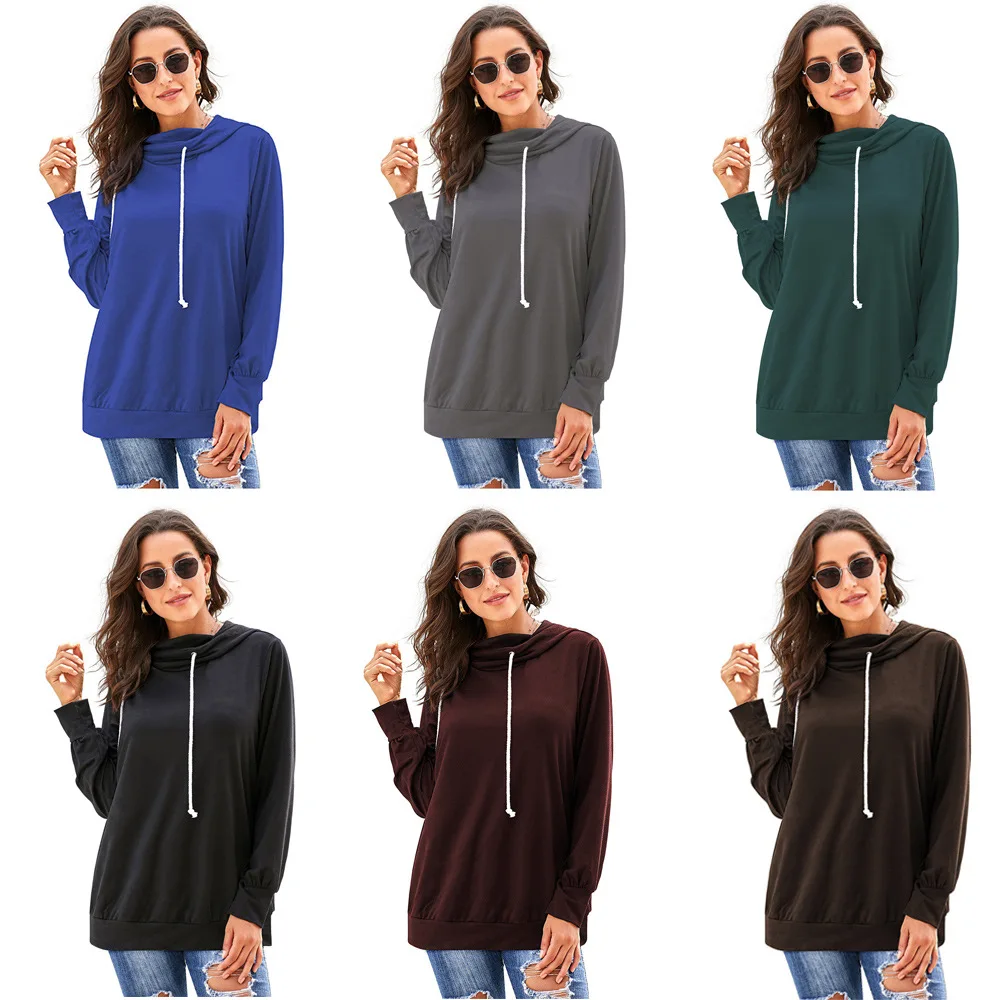 Spring Autumn New Hooded Women's European American Solid Color Long Sleeve Loose Pullover Women's Top with Drawcord