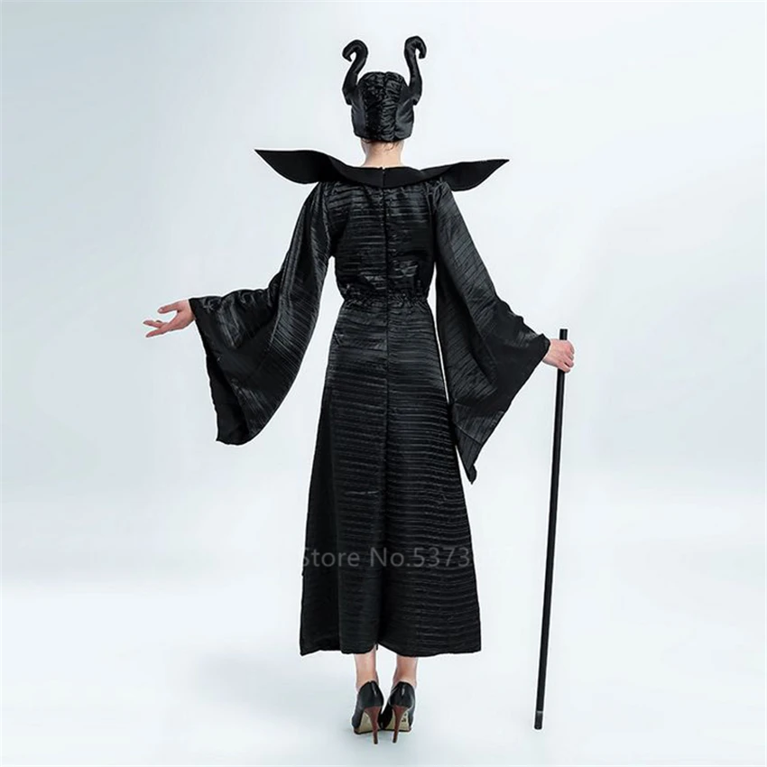Black Queen Plus Size Halloween Maleficent Cosplay Costumes Women Scary Horror Set with Horns Witch Fancy Dress Carnival Party
