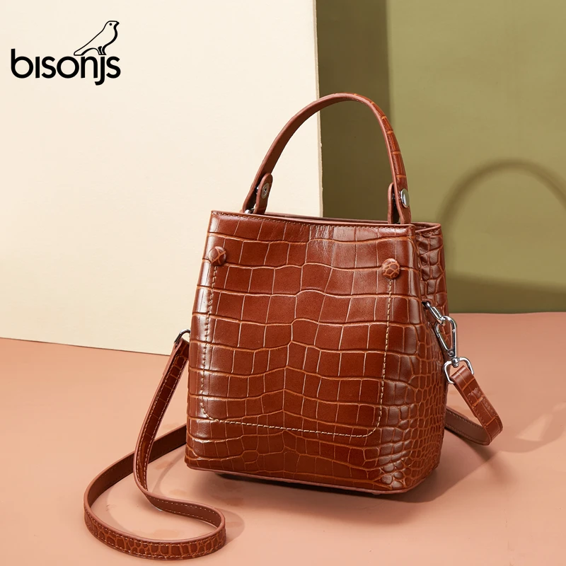 BISON DENIM Женская сумка из натуральной кожи, роскошная сумка-тоут с верхней ручкой, женская сумка с рисунком аллигатора, сумка на плечо B1838