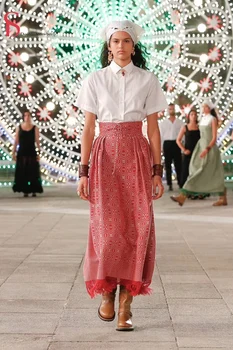 

11.10 High End New Style Women Retro Striped Print Lace-up Waist Fringed Hem High Waist Med Long Skirt