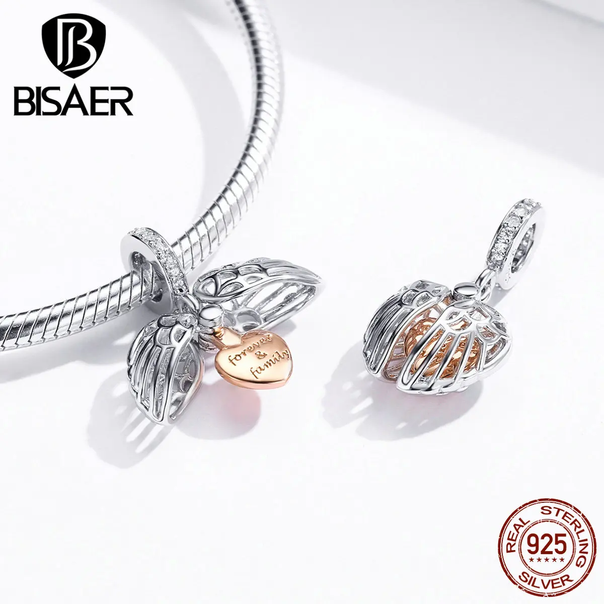 Семья навсегда бусины BISAER 925 пробы серебро семья навсегда бусины любовь сердце чехол талисманы подходят браслеты ювелирных изделий ECC1299