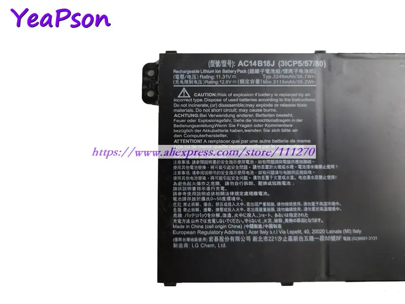 Аккумулятор Yeapson AC14B18J для ноутбука Acer Aspire 11 31 в 3246 мАч 36 7 Вт ч|Аккумуляторы