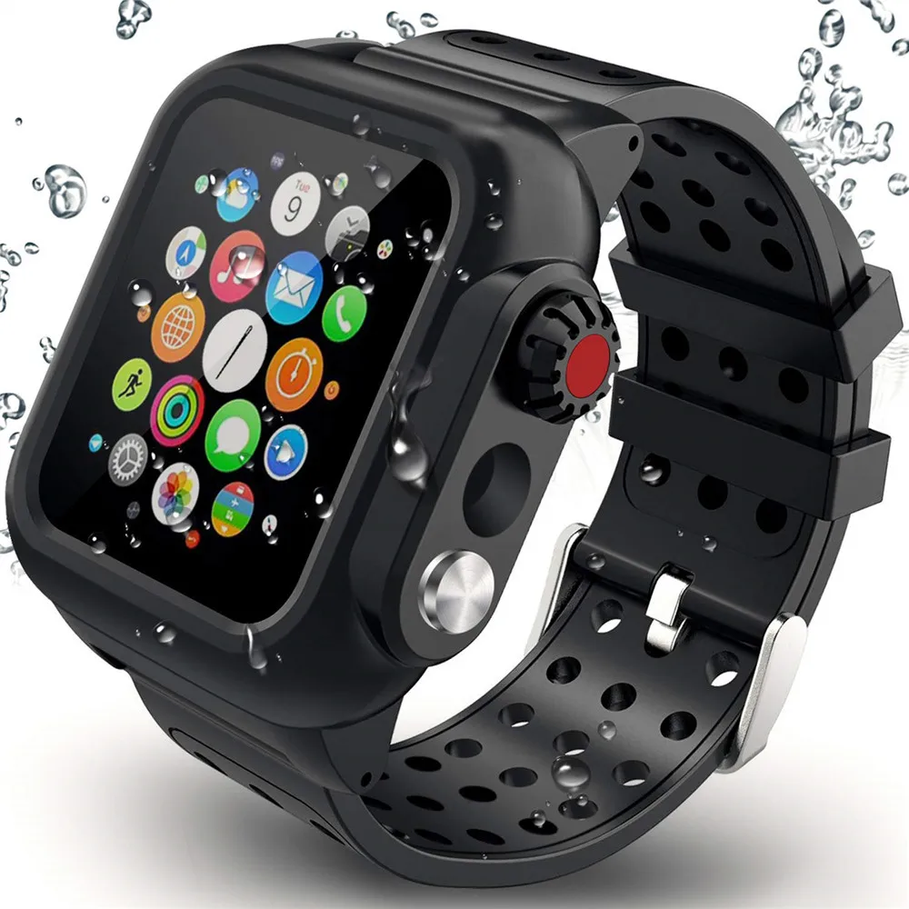 Black Silicone Waterproof Sports Watch Case for Apple Watch with iWatch Breathable Bracelet Strap 2 3 1