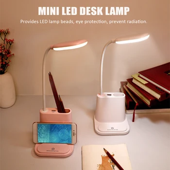 

LED Desk Lamp Stepless Dimming College Dorm Mini 2 Color Modes With Pen Holder Cute USB Rechargeable Home Bedroom Reading Office