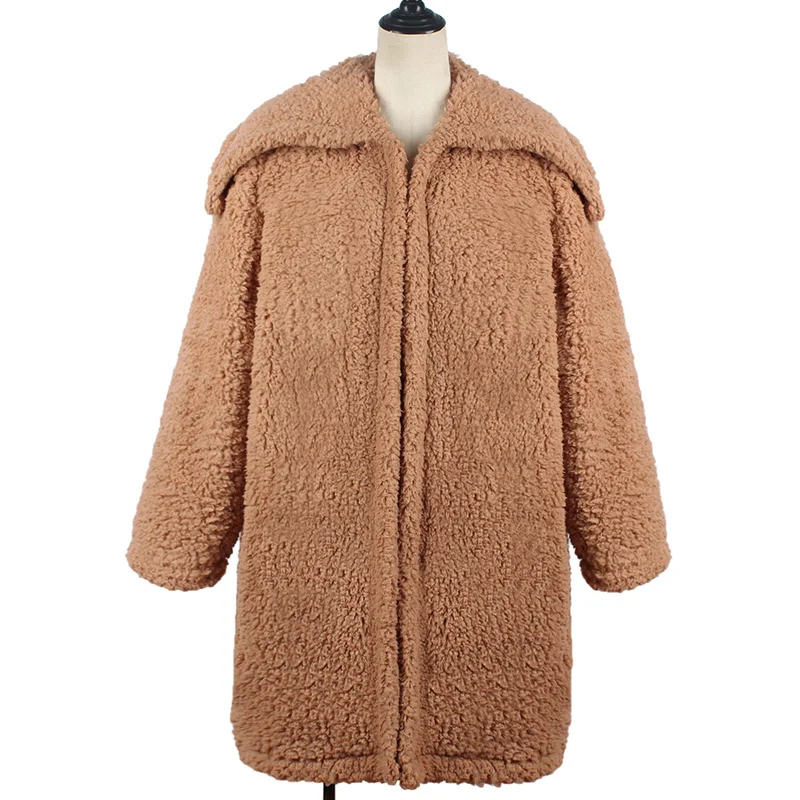 Длинное зимнее пальто из овечьей шерсти для женщин,, отложной воротник, утолщенное теплое пальто из искусственного меха, осенняя длинная Меховая куртка с карманами, верхняя одежда, S-3XL