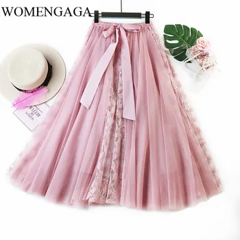 

Korea 2020 NEW spring and summer A-line double multi-layer mesh halfbody skirt wholesales lace waist bow belts Y093
