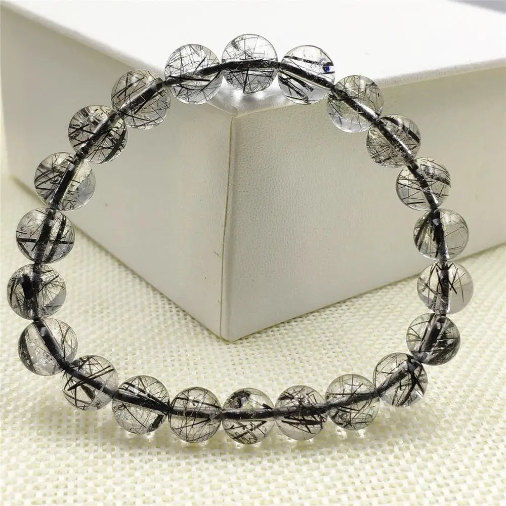 

Natural Black Rutilated Quartz Crystal Bracelet Wealthy Stone 8.5mm Women Men Clear Round Beads From Brazil Reiki Stone AAAAAA
