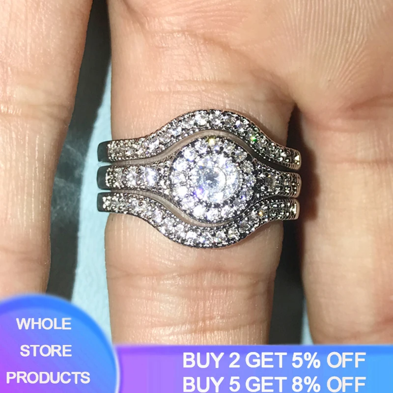 

New High Quality 3Pcs/Set Zircon CZ Engagement Rings For Women 925 Solid Silver Bridal Rings Set Wedding Bands Fashion Jewelry
