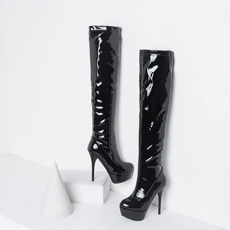 BONJOMARISA/новые зимние сапоги до бедра из лакированной искусственной кожи на платформе 32-46 женские пикантные вечерние Сапоги выше колена обувь на высоком каблуке для женщин