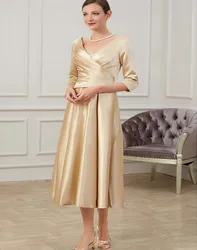 A-Line Mother of the Bride Dress Plus Size Elegant V Neck Tea Length Bridal Party Gown Customed Vestidos