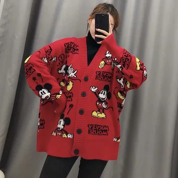 

Spring new women's sweater cardigans cartoon print single breasted oversized V neck sweater casual knitted jacket female outwear