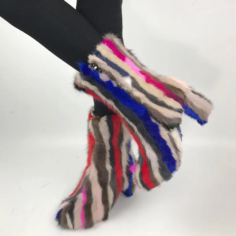 

Women Round Toe Real Mink Fur Rainbow Colors Block High Heel Ankle Boots Warm Winter Fleece Liner Side Zip Genuine Leather Shoes